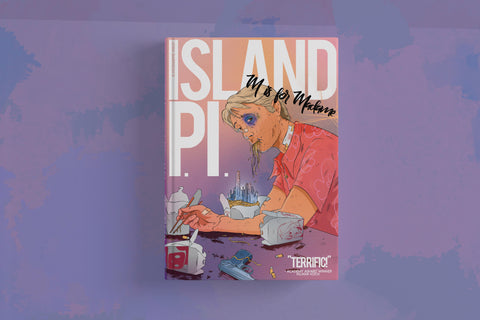 Front cover of Island P.I. Vol 1, M is for Madame. Cover art is of Ram is eating a bowl of noodles that turns into Island City. Takeout boxes with the faces of major character on them are around him. "Terrific!" - Academy Award Winner Hilmar Koch